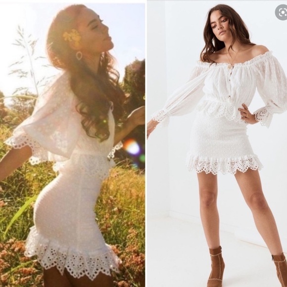 SPELL & the gypsy co white Mini dress Chain Ruched smocked eyelet sleeves - Picture 5 of 16